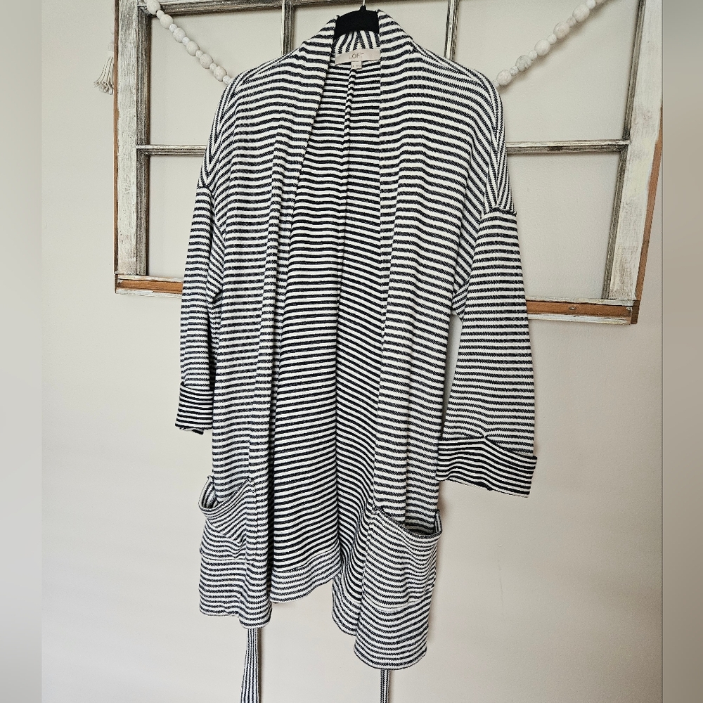 LOFT Navy and White Striped Cardigan Women's Large